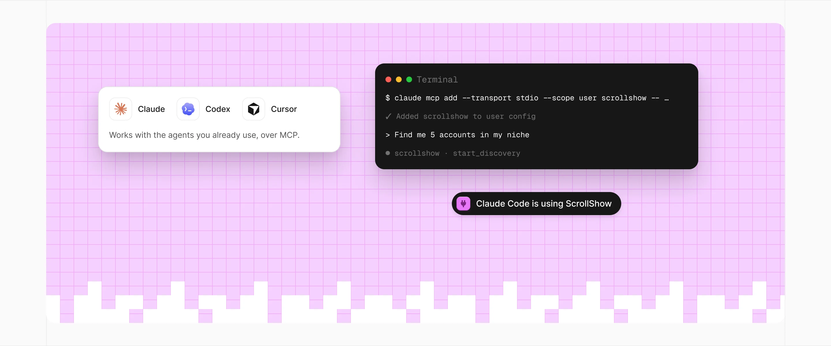 Claude, Codex and Cursor, and a terminal adding ScrollShow as an MCP server