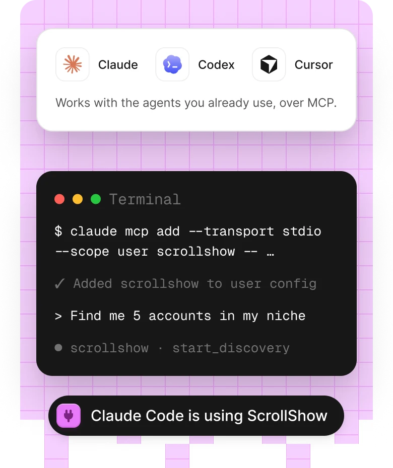 Claude, Codex and Cursor, and a terminal adding ScrollShow as an MCP server