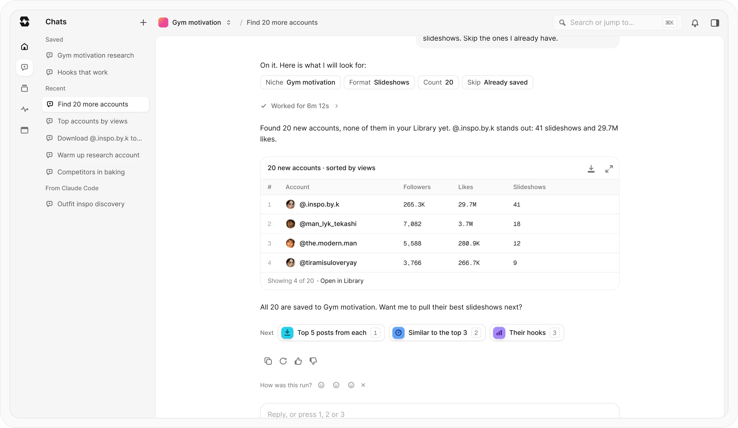 ScrollShow showing 20 new accounts found by a discovery, sorted by views
