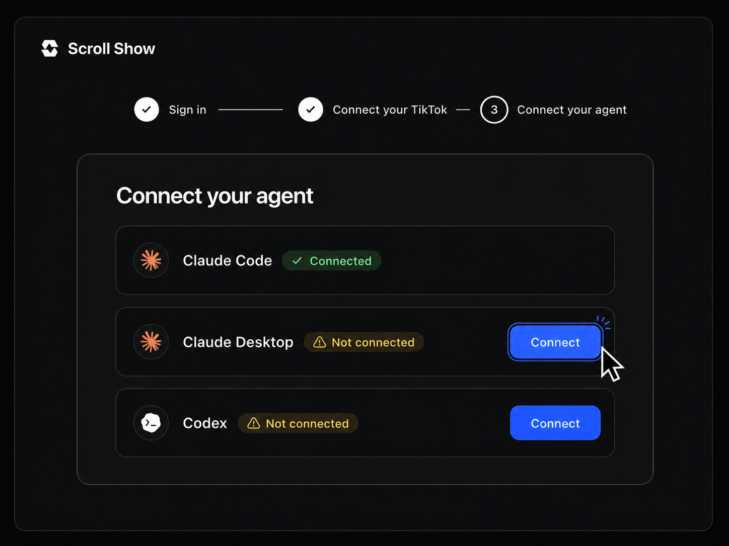 ScrollShow setup screen connecting Claude Code, Claude Desktop, Codex, and Cursor